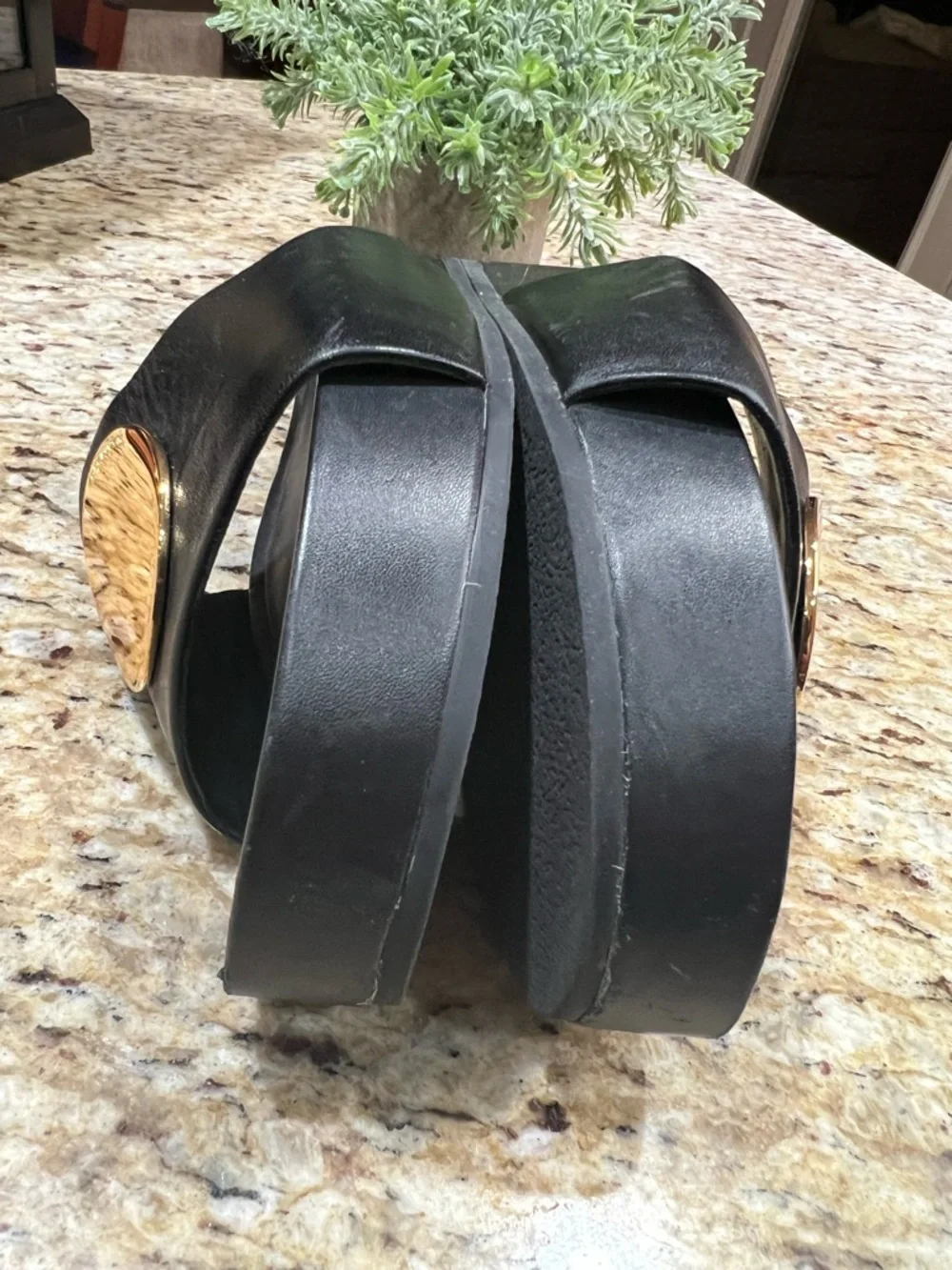Tory Burch Black Leather Platform Slide with Gold Medallion 7.5M